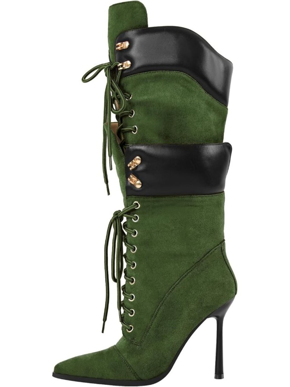 Women's Green Double Lace Pointed Toe Stilettos Straps Strappy Knee High Boots